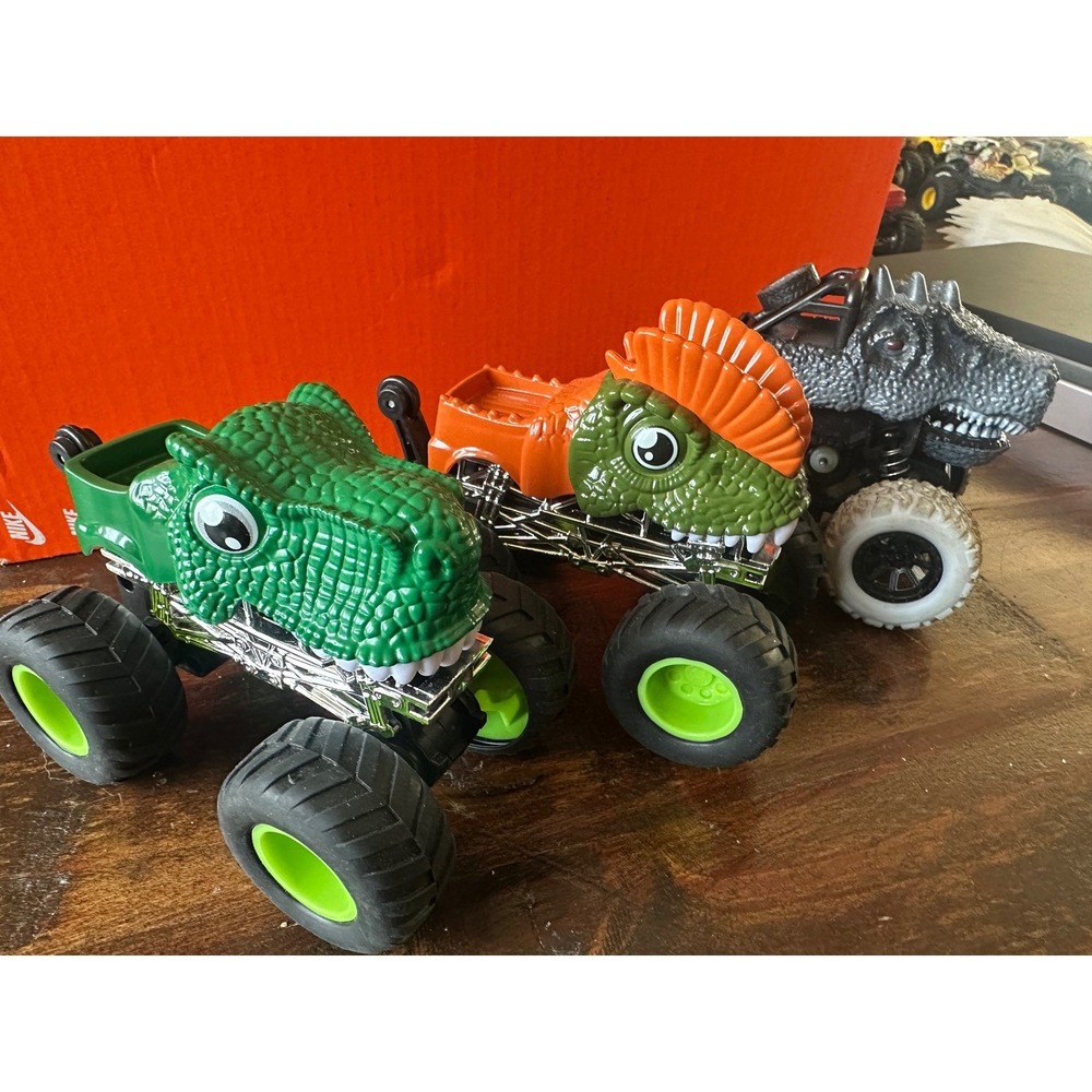 Monster Truck Dino Toy Lot of 3 T-Rex Spinosaurus Triceratops One Rev Up
